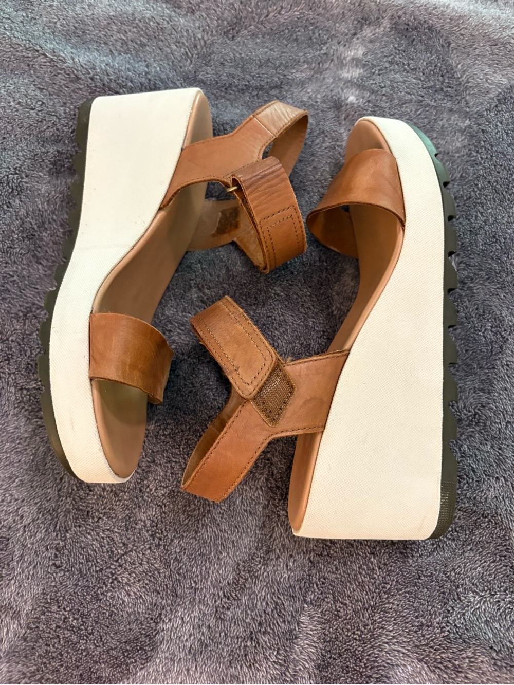 Sorel Cameron White Platform Tan Leather Multi Strap Wedge Sandals sz 8.5